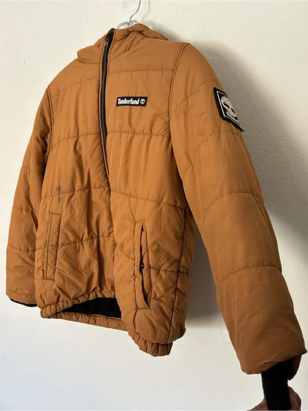Timberland Youth Hooded Puffer Jacket | Brown Insulated Coat | Size Medium 10/12